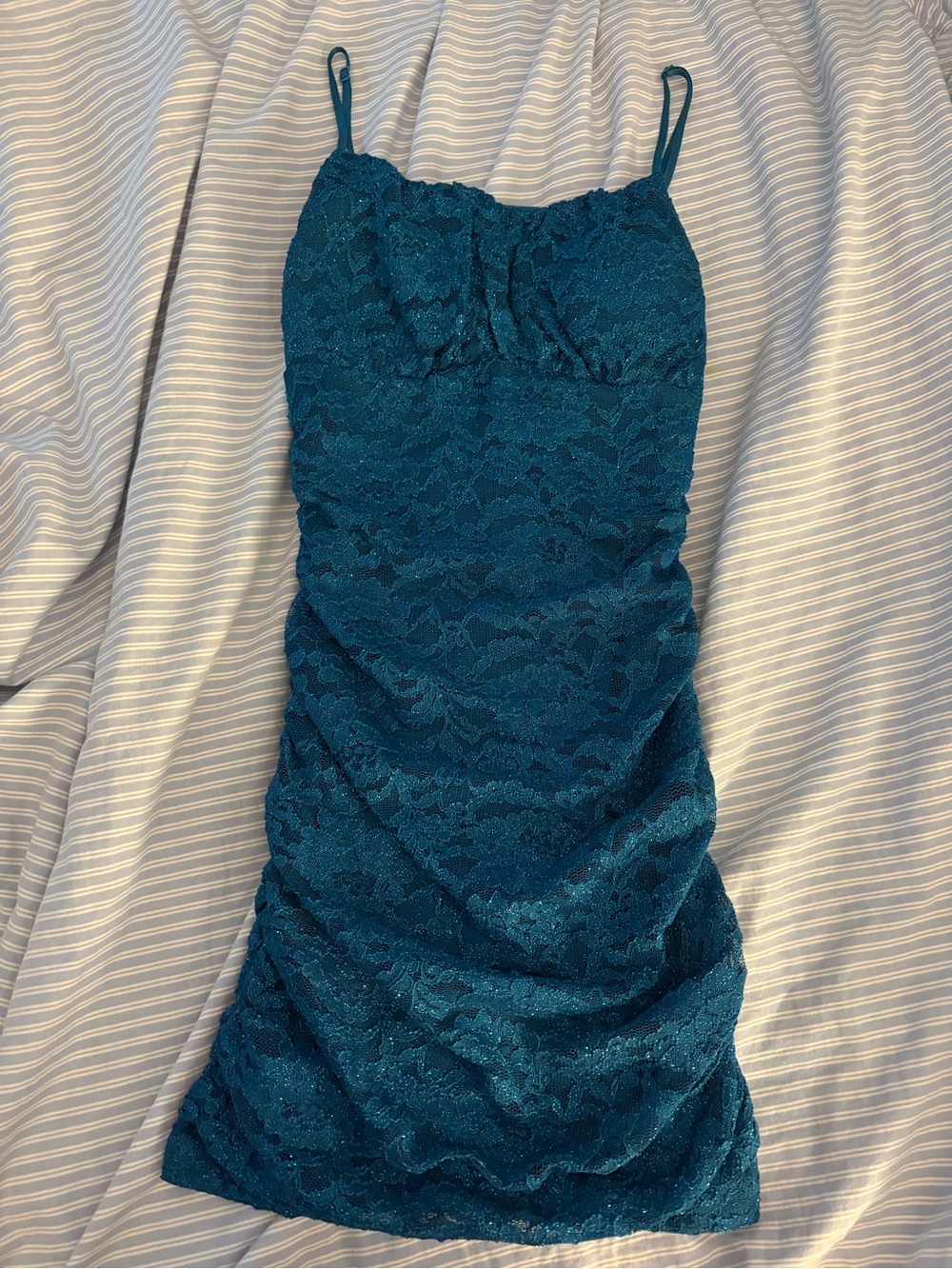 Homecoming Emerald Sundae Teal Lace Mini Dress with Spaghetti Straps